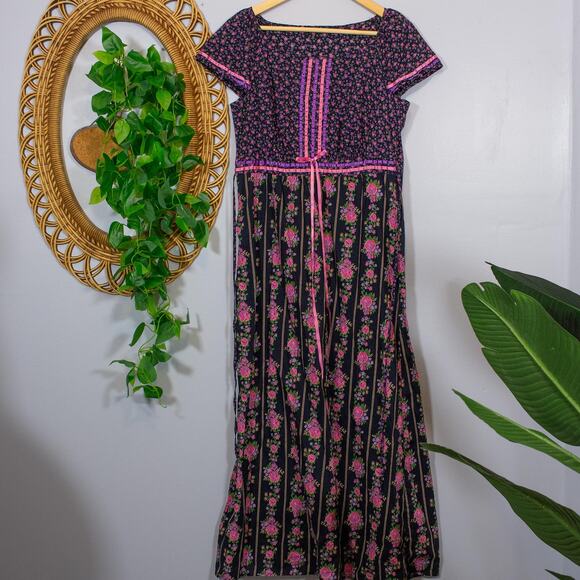 Handmade Black Pink Floral Prairie Maxi Dress Rickrack Cottagecore Dark Winter - Picture 1 of 8